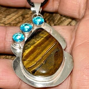 Golden Brown Tiger Eye & Blue Accent Beads Pendant 2”
